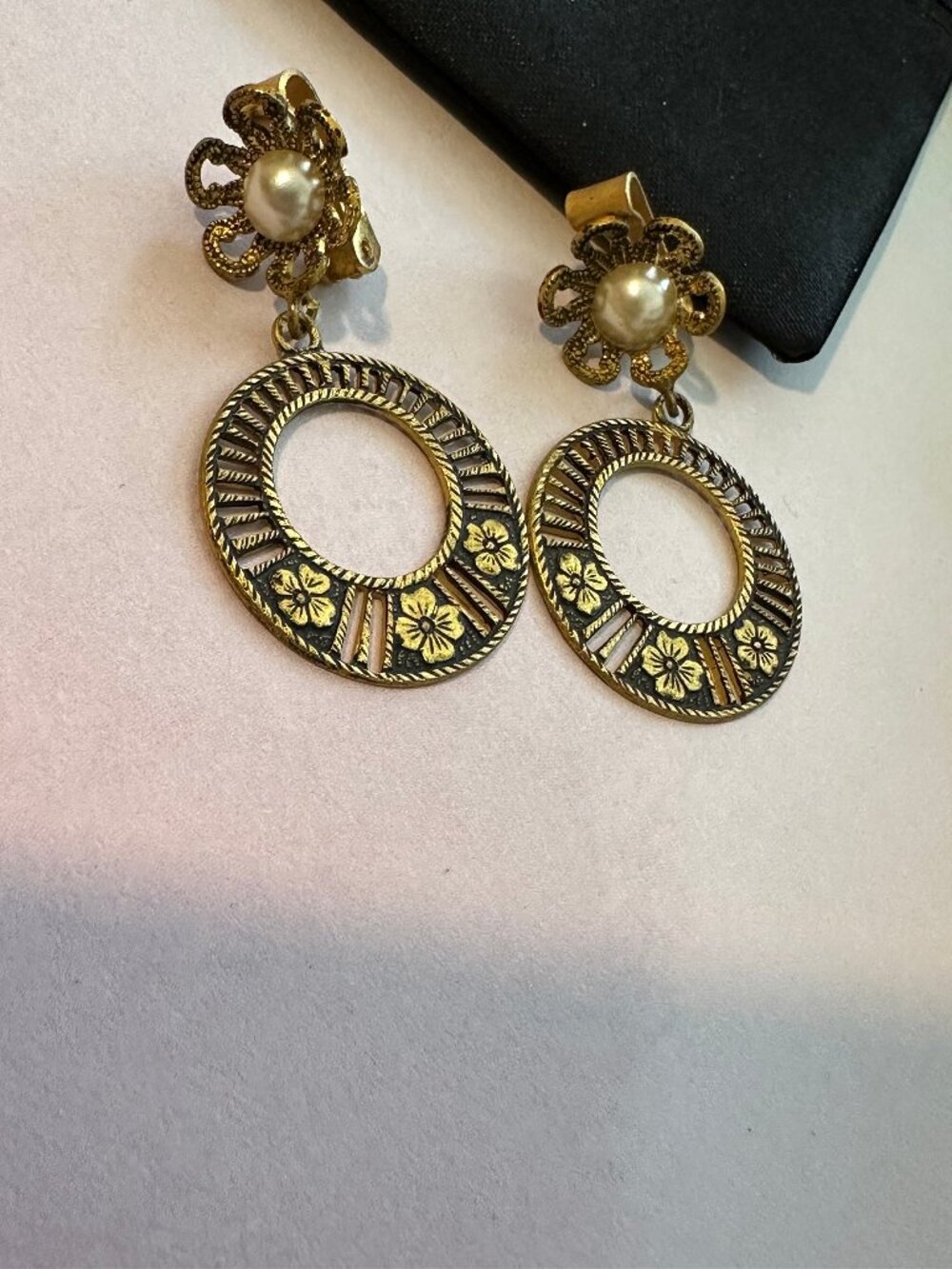 Vintage Damascene Clip On Earrings Hoops With Faux Pearl Dangle with Flowers